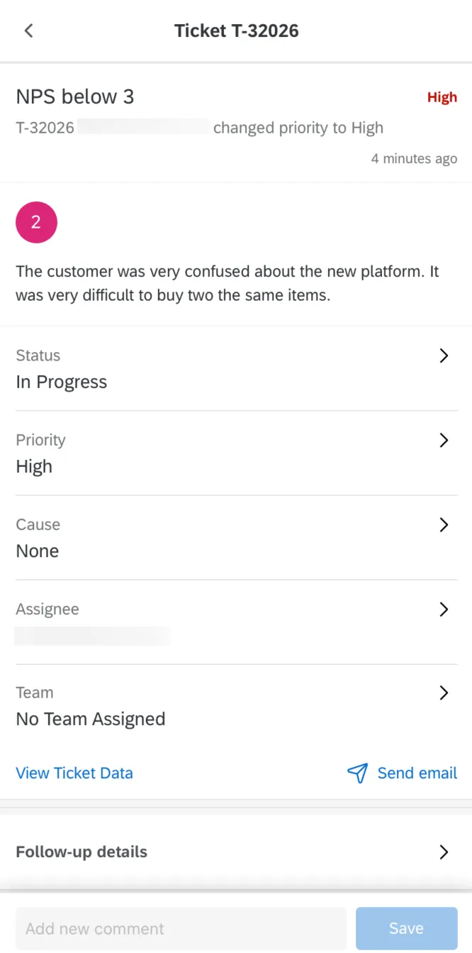 Ticket opened in the XM App showing the details and ability to comment