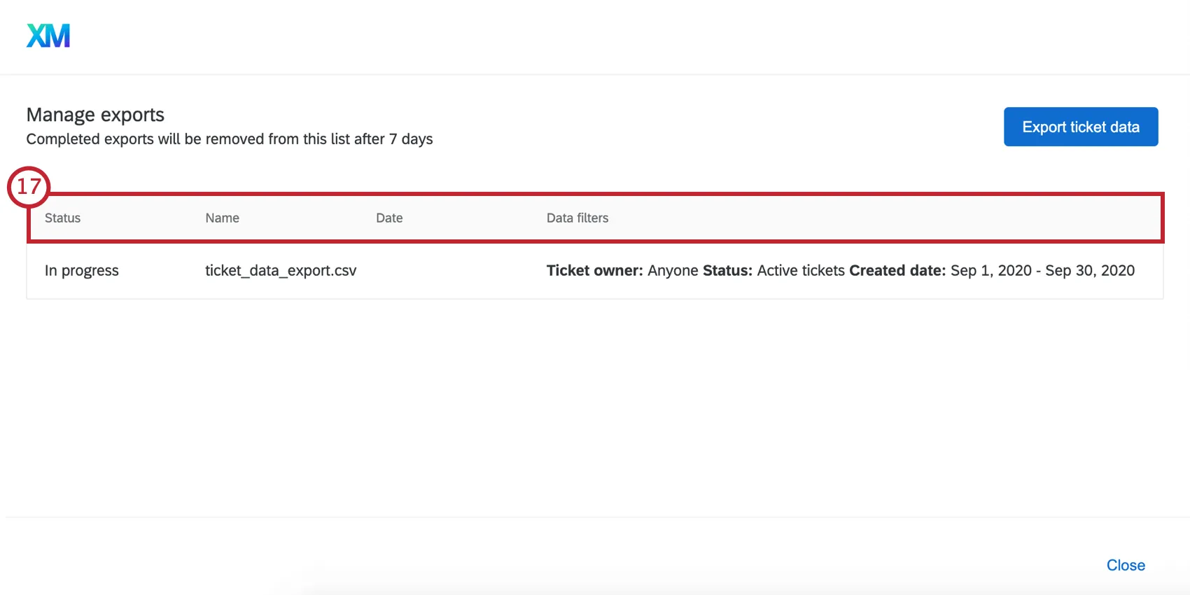 Back to exports page, has a table with pending / recent exports