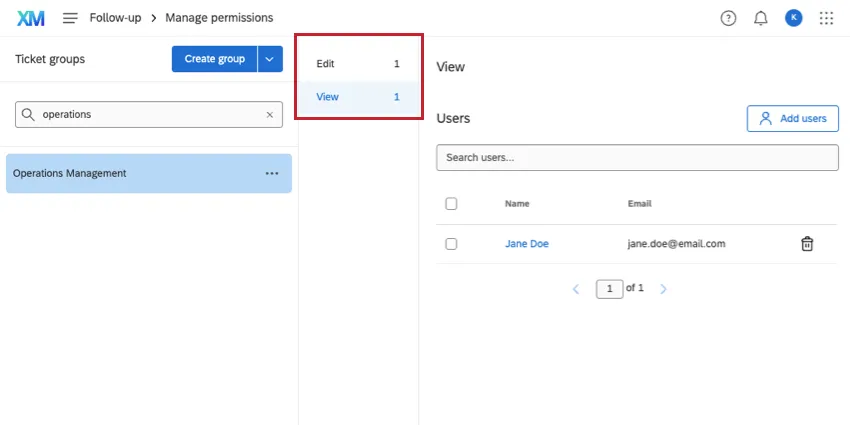 Grupo de Tíquete selecionado para que você possa ver as permissões de edição e visualização à direita