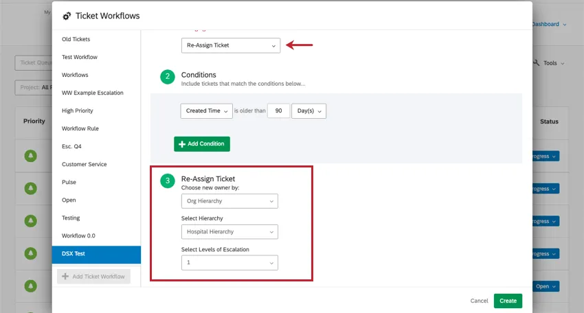 Ticket Workflows window opened. Scroll down through new workflow in re-assignment mode to see that the ticket can be reassigned by hierarchies in step 3