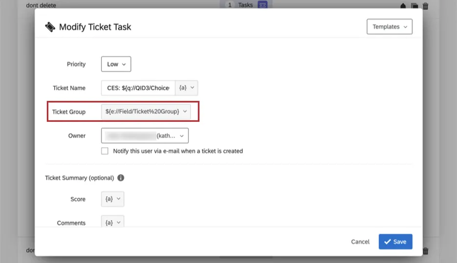 Campo etiquetado como grupo de ticket en la ventana de creación de tarea de ticket