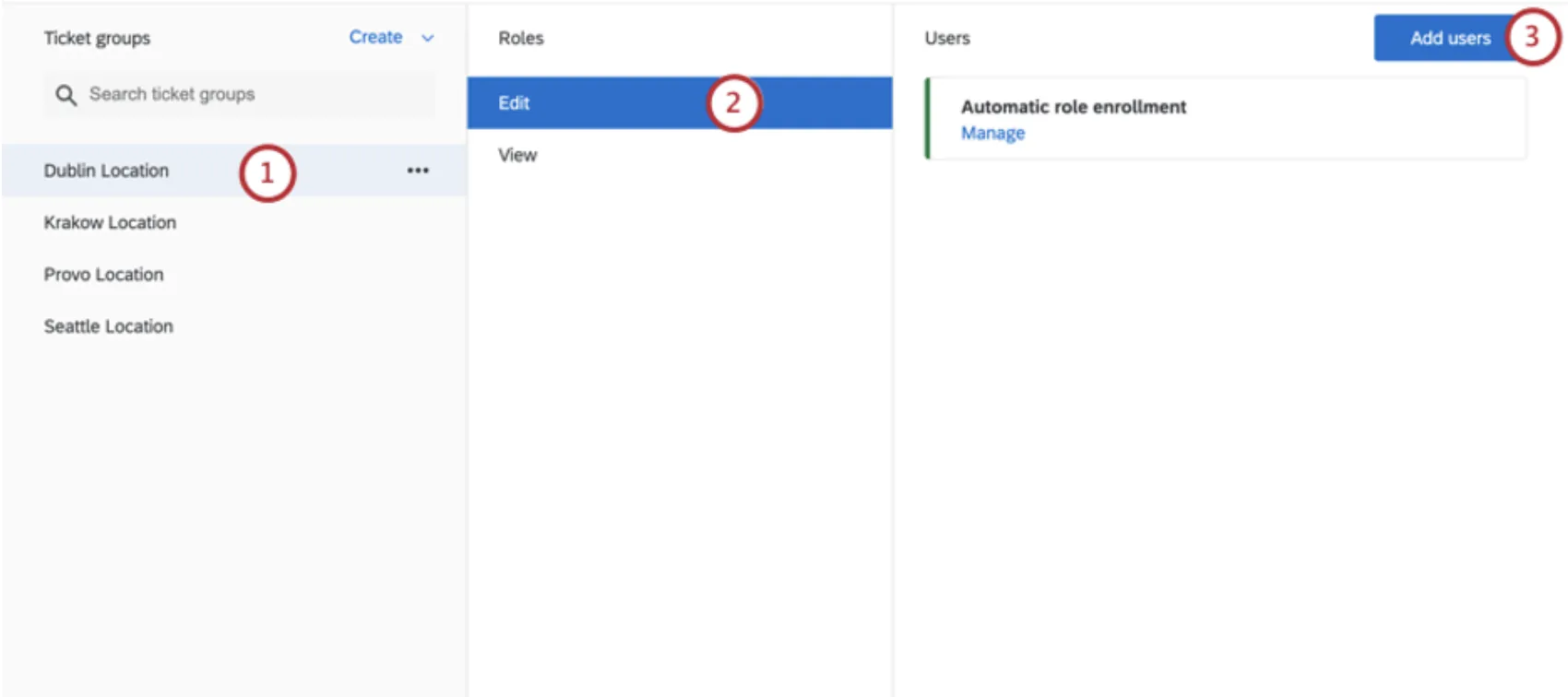 Groupe sélectionné à gauche, rôle sélectionné au milieu, utilisateurs ajoutés à droite