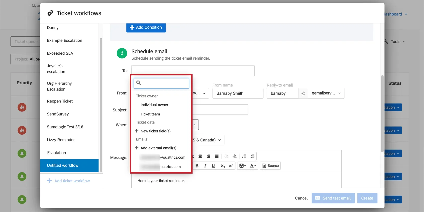 Clicking To field makes a menu appear