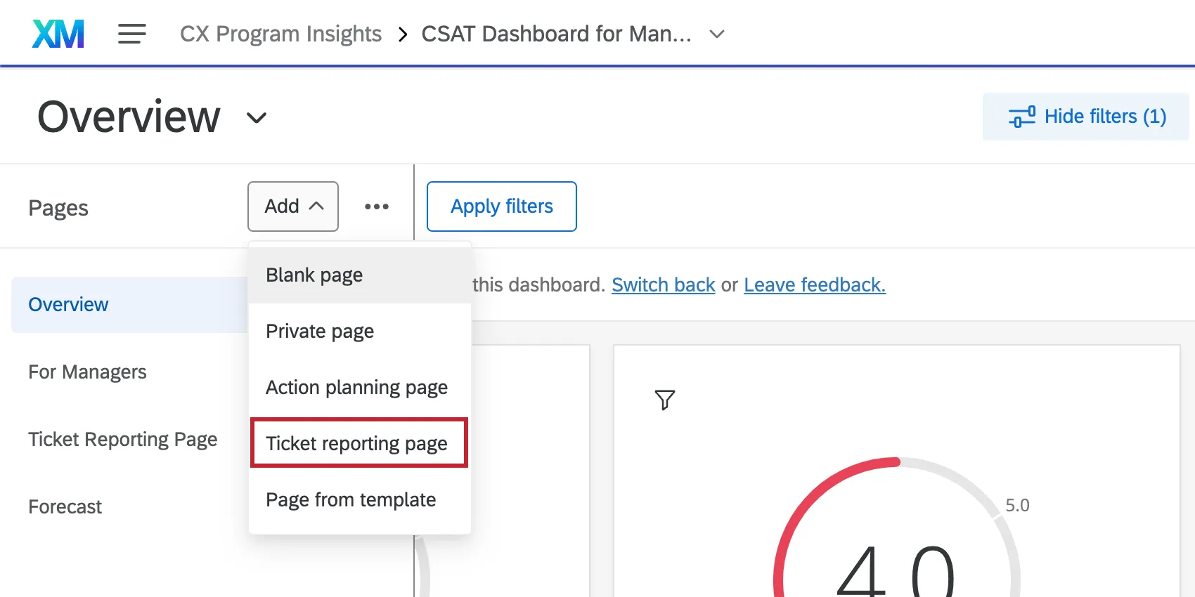 Ticket page option in upper-left of dashboard