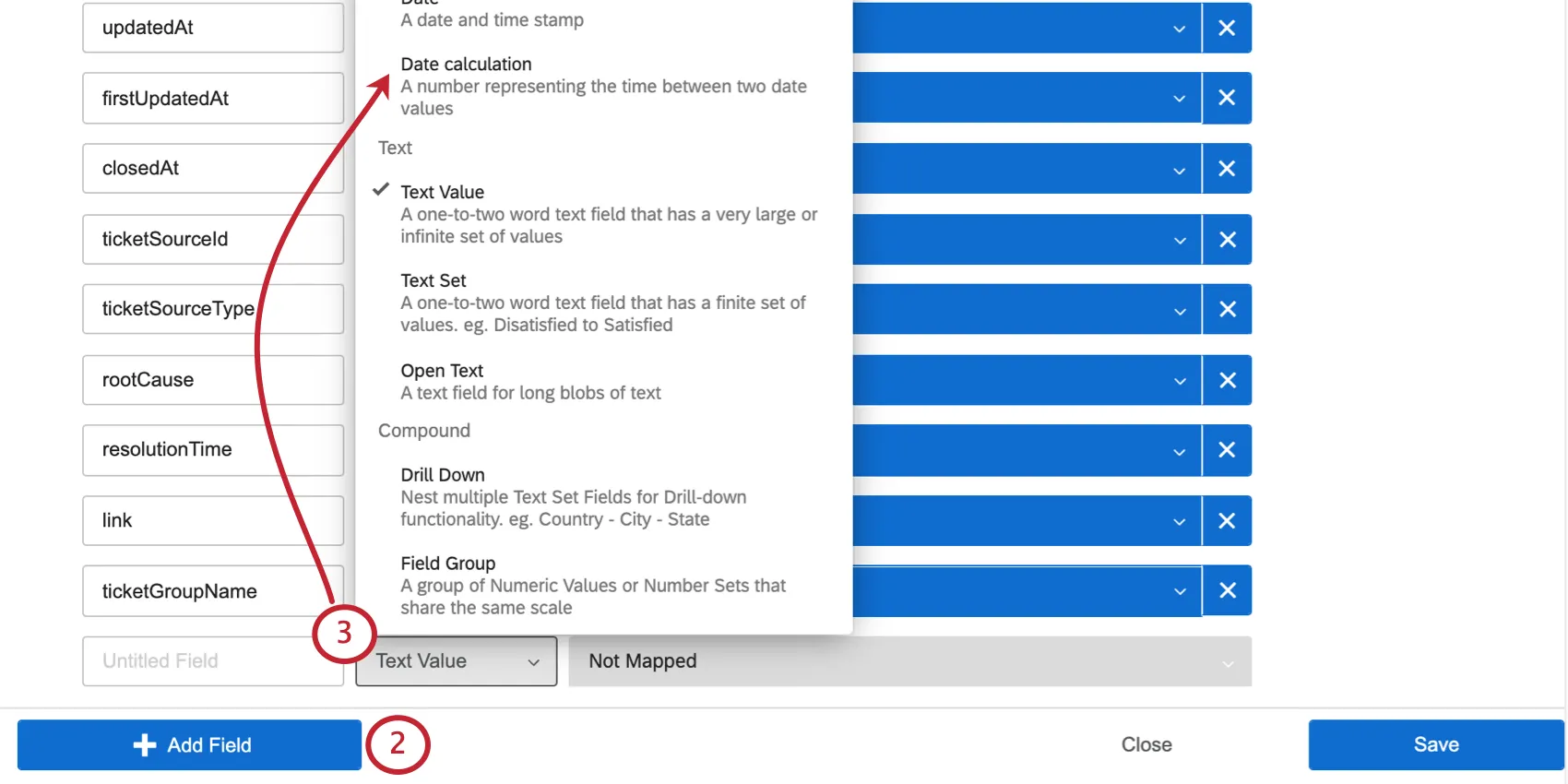 Expanding field menu
