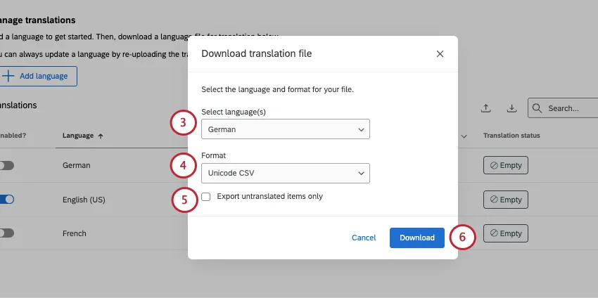 Nueva ventana donde seleccionas en qué idioma quieres exportar y en qué formato