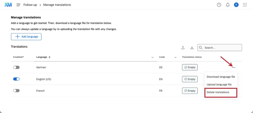 nel menu di una lingua per eliminarla