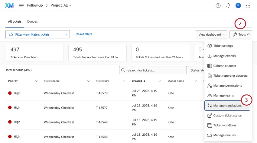 on the follow-up tickets page, using tools menu to manage languages