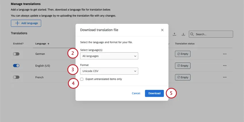 nouvelle fenêtre dans laquelle vous sélectionnez la langue que vous souhaitez exporter et le format dans lequel vous souhaitez lexporter