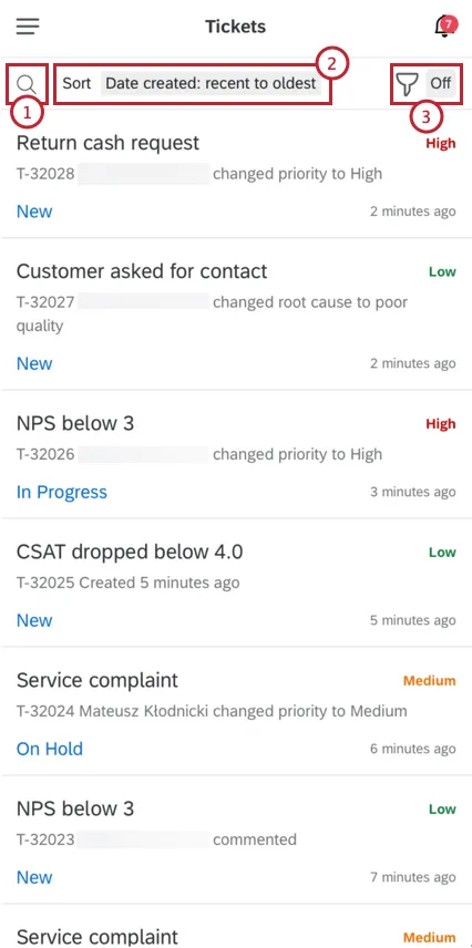 Ticketing options in the XM Mobile App with the search, sort, and filter options highlighted at the top
