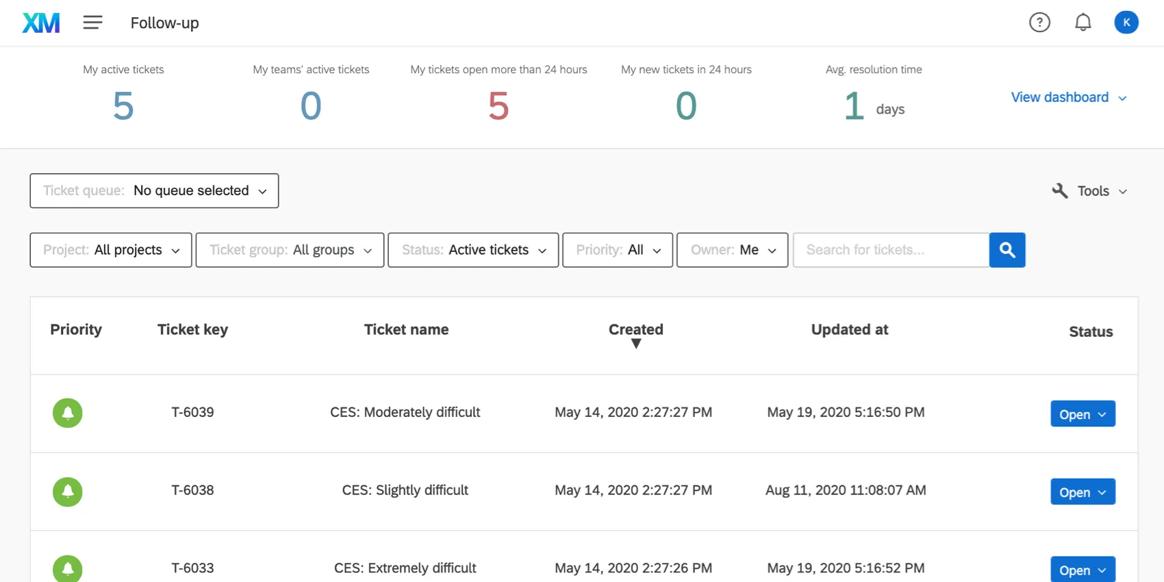 Ticket follow up page
