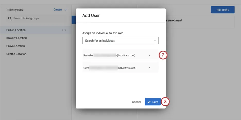 Liste des utilisateurs dans la fenêtre ; bouton de sauvegarde en bas à droite