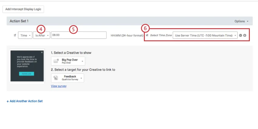 La condition dit que le créatif apparaîtra si lheure est après 06:00 (6am) dans lheure standard de la montagne