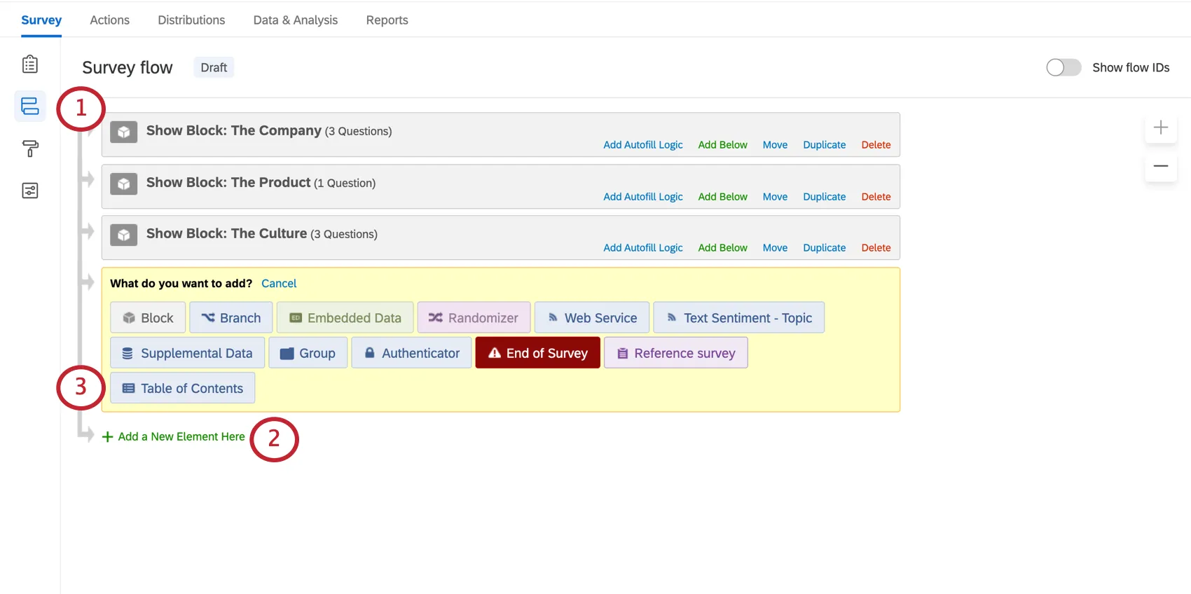 Fluxo da pesquisa selecionado para a esquerda. Botão Adicionar abaixo em cada bloco e botão Adicionar um novo elemento na parte inferior de cada fluxo. O que você deseja adicionar? menu aberto com o Índice azul selecionado