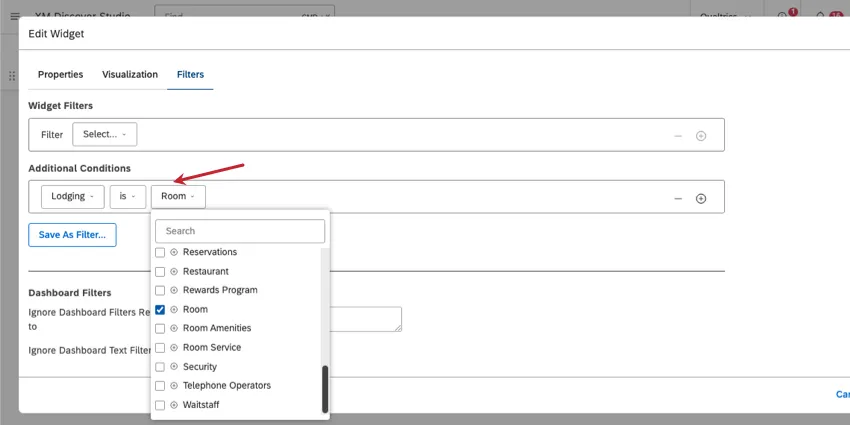 Registerkarte "Filter" der Eigenschaften eines Widget