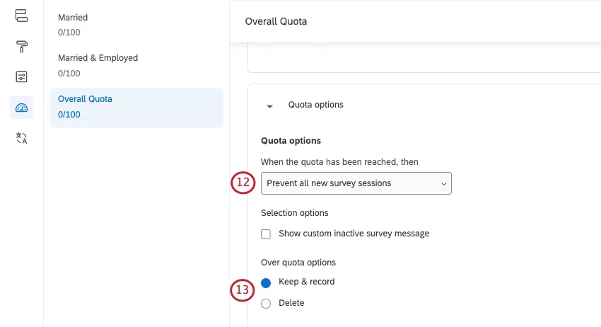 Configuração das opções de cota
