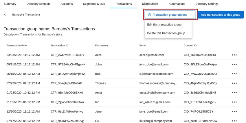 the transactions group dropdown