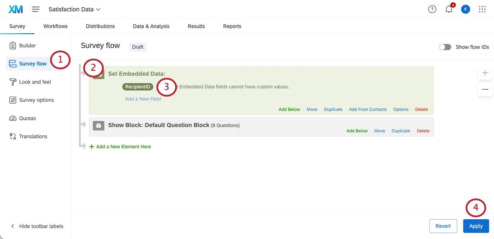 Adding RecipientID embedded data to the survey flow