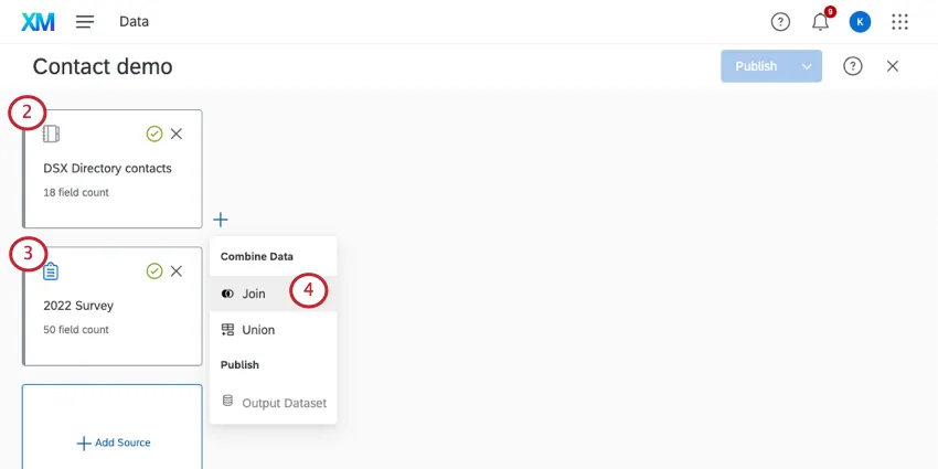 Clicking the plus next to a data model source reveals a menu where you can select Joins