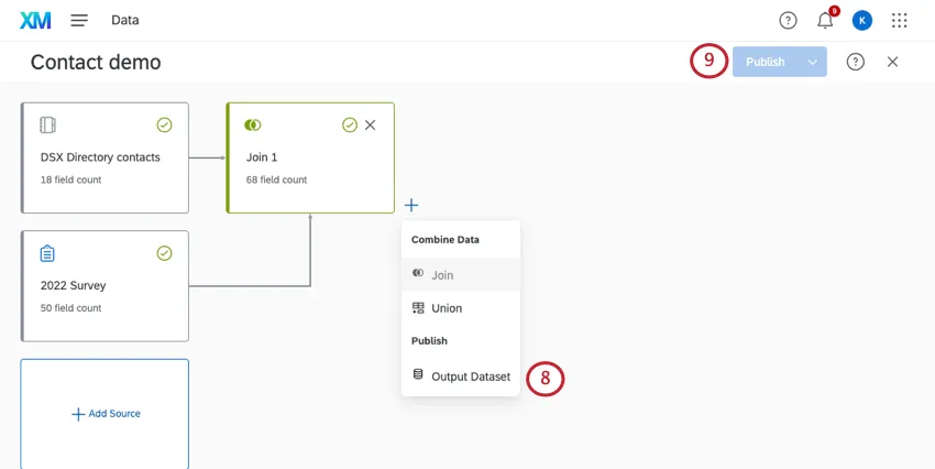 clicking plus next to a join reveals an output dataset option