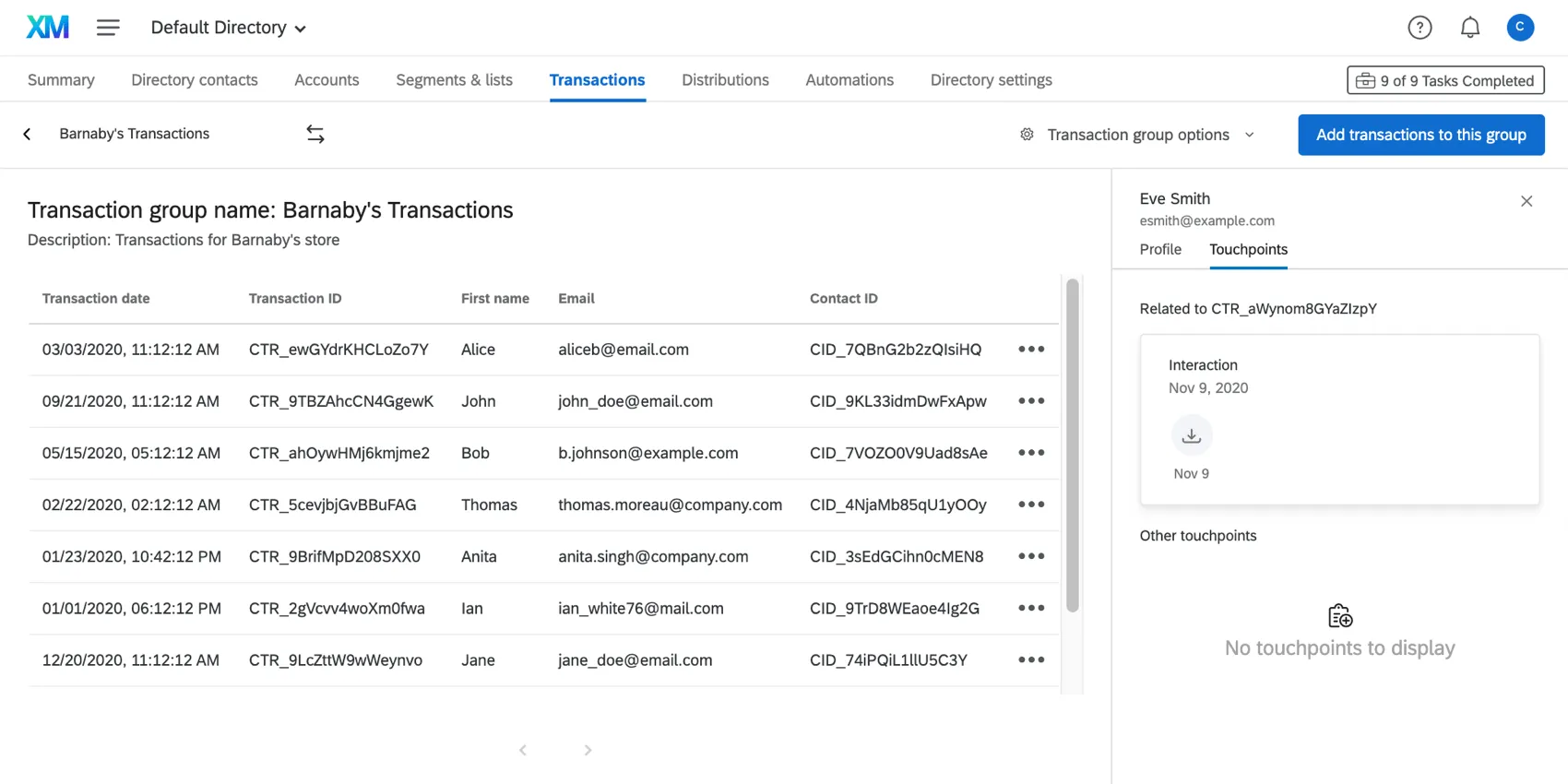 transactions tab within xm directory