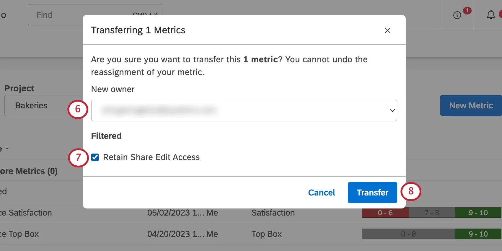 new window where you transfer metrics
