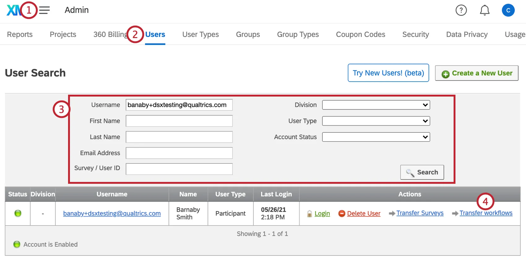im Benutzerabschnitt des Administrators navigieren, nach einem Benutzer suchen und auf "Workflows übertragen" klicken
