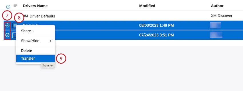 Clique no menu de ações avançar do driver. Marque a caixa de seleção ao lado de cada um dos drivers que você deseja transferir para transferir mais de um driver de uma vez. Clique em Transferir.