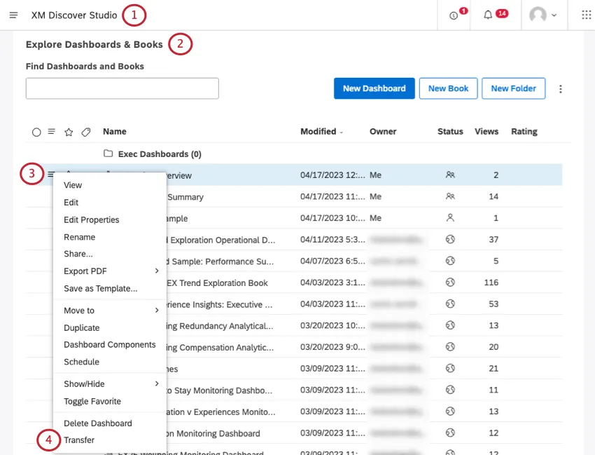 Verwenden des Hamburger-Menüs weiter einem Dashboard auf der Studio-Startseite zum Übertragen