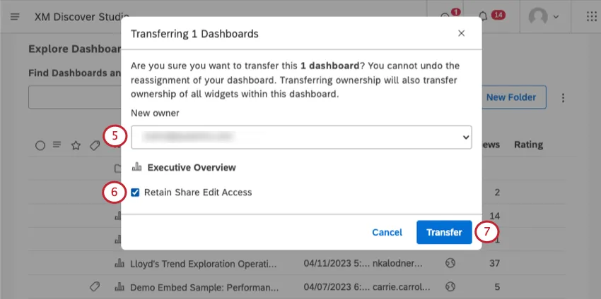 nova janela na qual você seleciona um novo proprietário