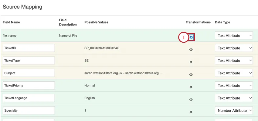 clicking the gear icon in the transformations column when mapping data