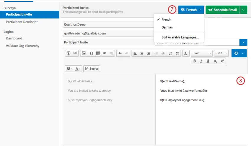 Language selection dropdown next to the Schedule Email button. Rich content editor of the email to the right where you type translated material