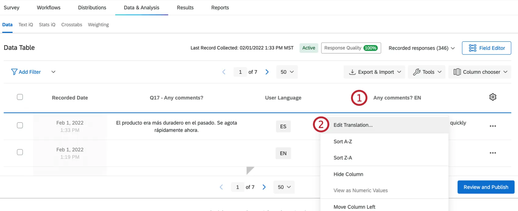 Al hacer clic en el encabezado de una columna de datos se muestran menús adicionales.