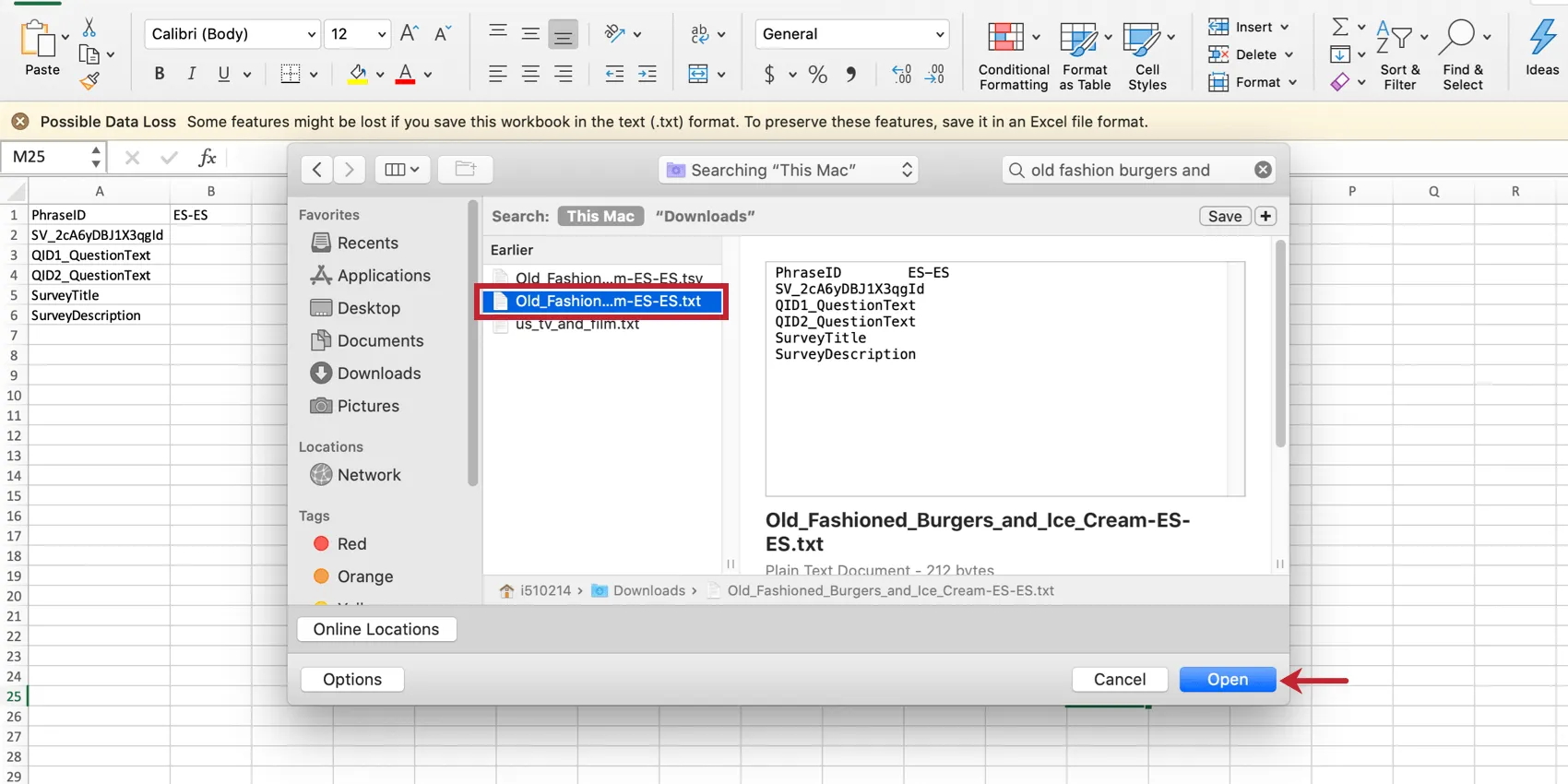 Abrir un archivo de Excel de txt
