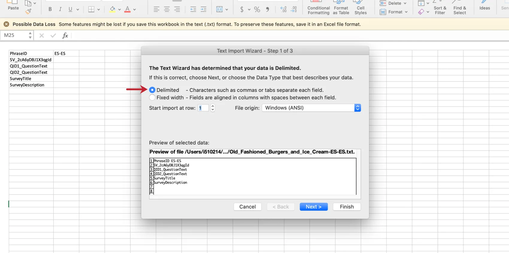 On the text import wizard, the field type is delimited and the import starts at row 1