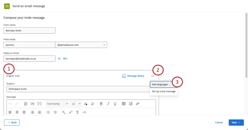 no editor de mensagens EX, há três pontos no canto superior, que mostram um menu no qual você pode adicionar idiomas