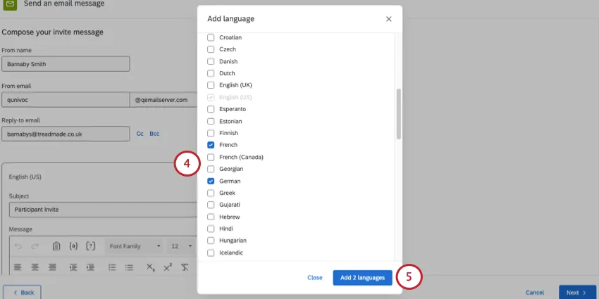 Se abre una nueva ventana sobre la página con una lista de idiomas seleccionables.