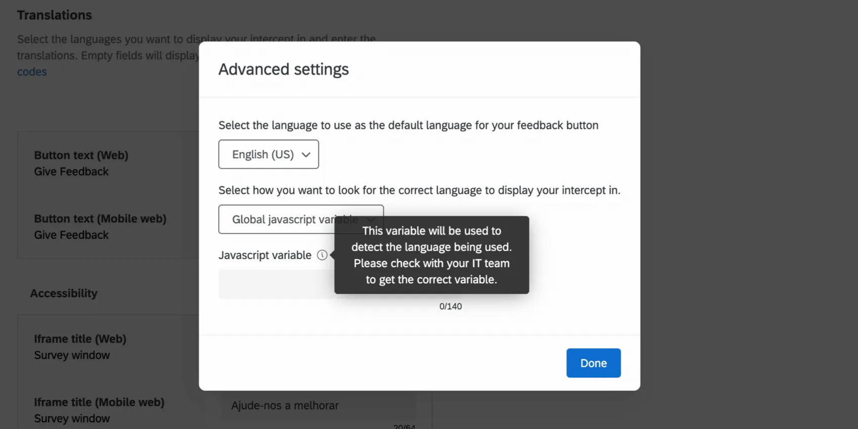 Uso de una variable de Javascript en la configuración avanzada