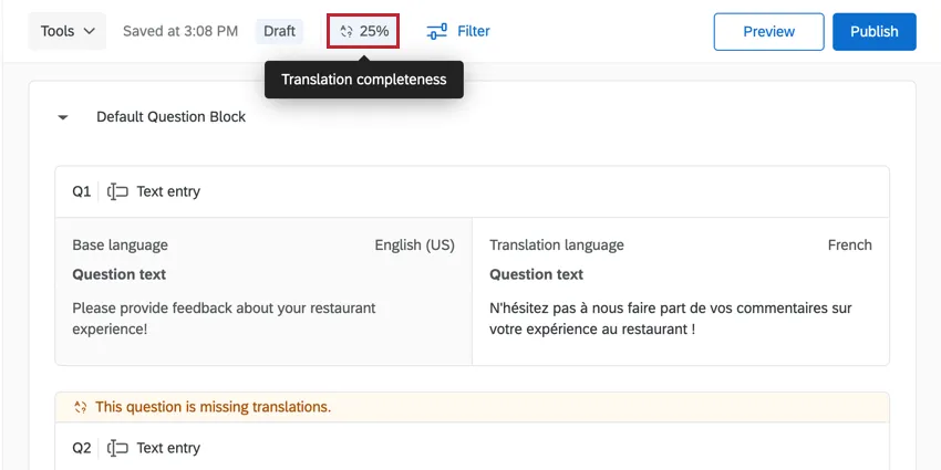 pourcentage indiquant lavancement de la traduction