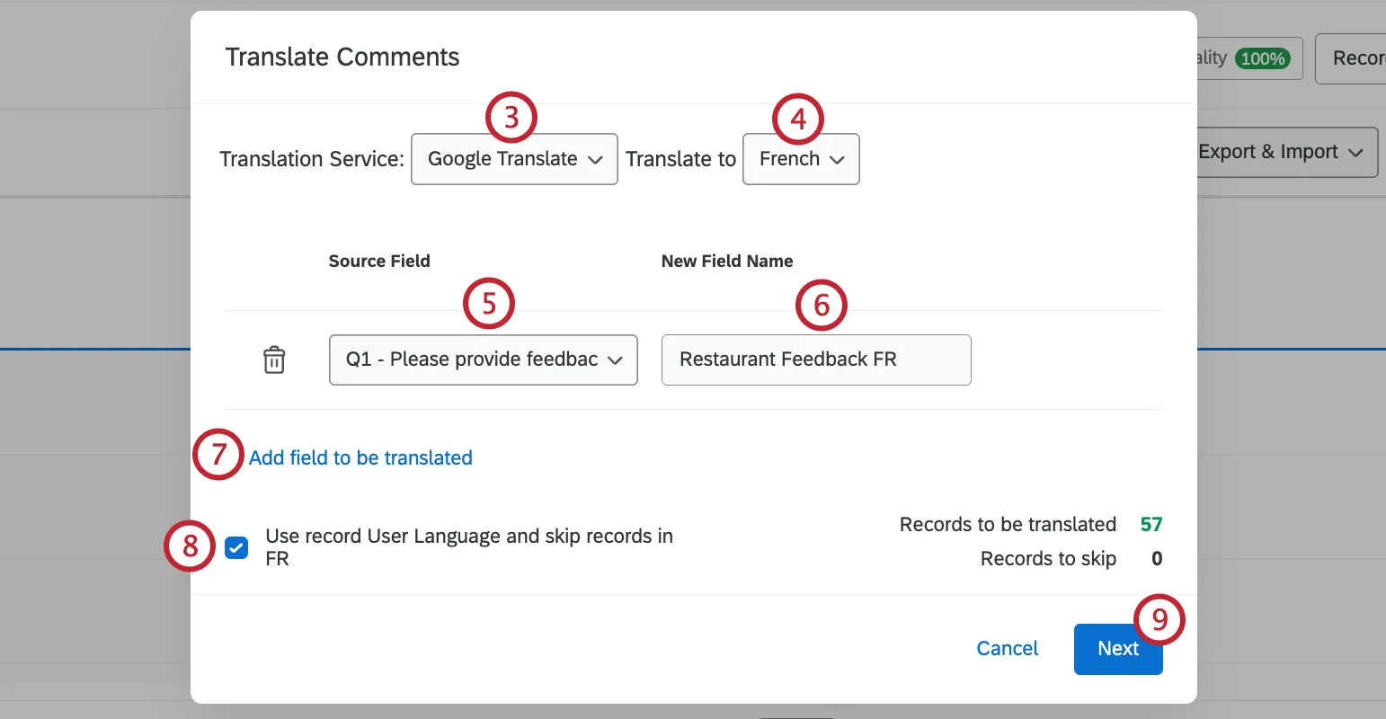 Translate comments window with fields filled out