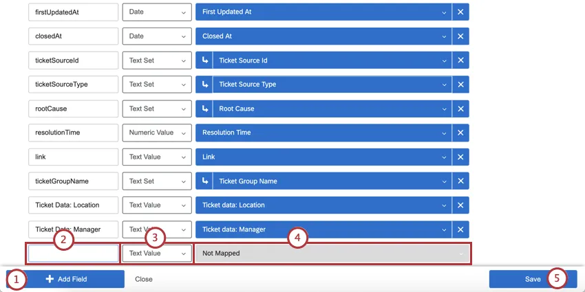 Agregar botón en la parte inferior izquierda; en un campo, hay un espacio para un nombre, el tipo de campo y luego el botón gris para mapeo que se vuelve azul una vez que se mapea un campo