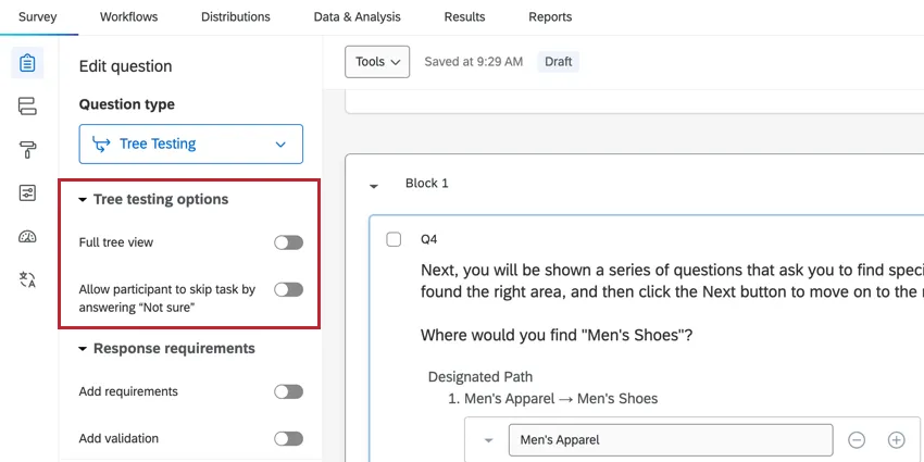 the customization options for tree testing questions