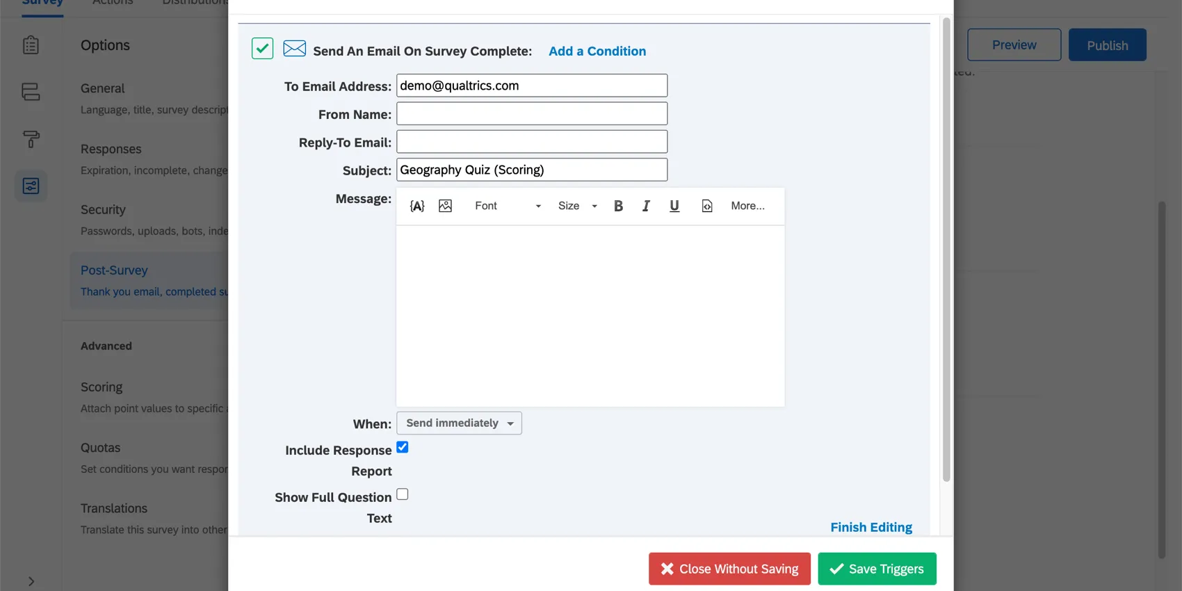 Finestra di E-MAIL TRIGGER per i trigger delle e-mail