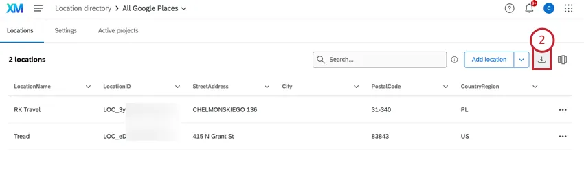 facendo clic sul pulsante di download delle posizioni