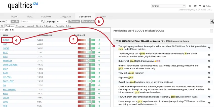 previewing sentiments and adjusting them
