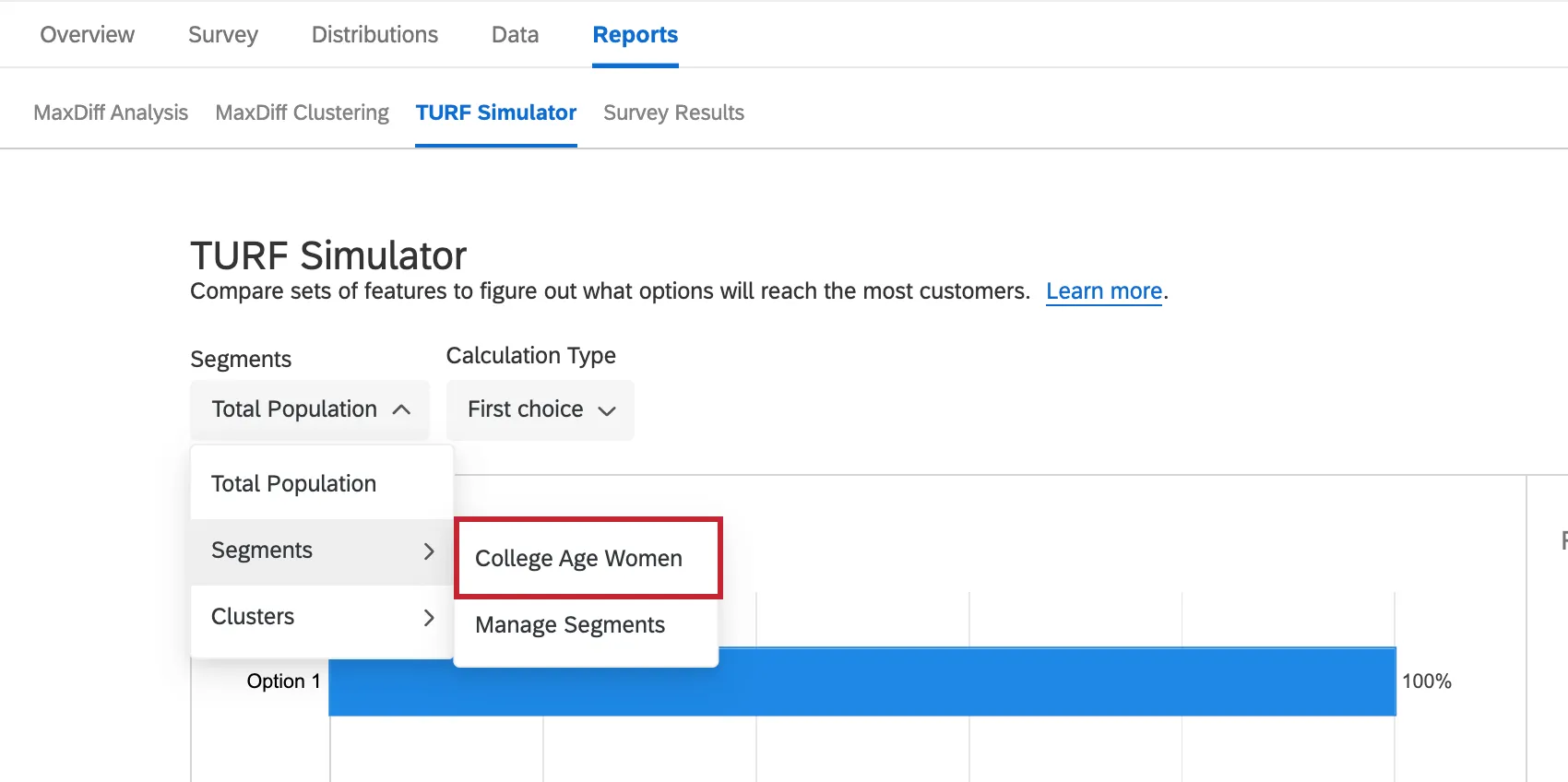 o menu suspenso de segmentos para selecionar um segmento