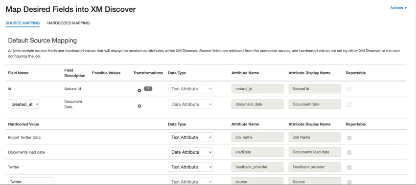 La página de mapeo de datos para un trabajo de entrada de Twitter