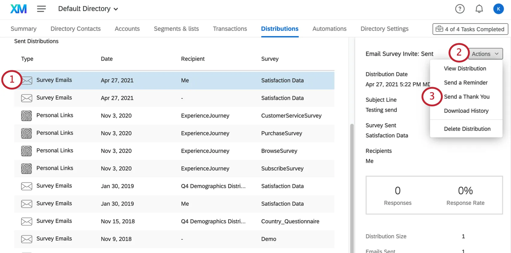 Escolher enviar um agradecimento no menu de ações