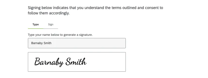 the respondent has typed out Barnaby Smith, which has then generated a cursive, digital signature