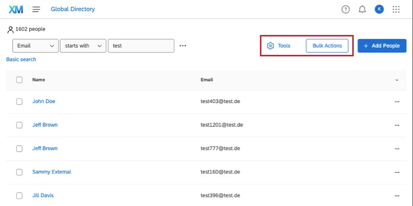 tools and bulk actions buttons on the employee directory page